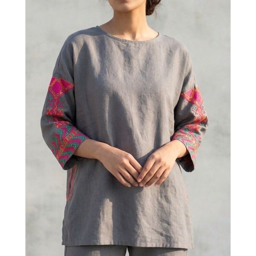 Khaadi Gray Cotton Embroidered Tunic Boho Blouse 3/4 "Free Size"